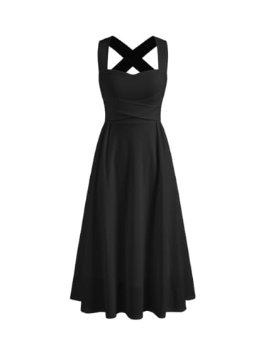 CIDER Wedding Guest Dress Square Neck Criss Cross Ruffle A Line Midi Dress Sleeveless Party Cocktail