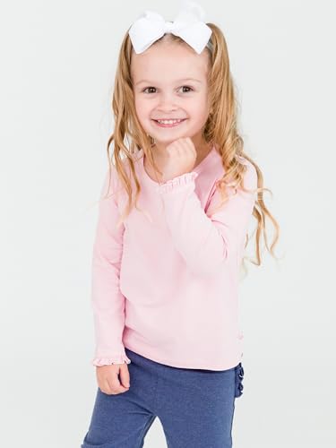 Image of RuffleButts Baby /Toddler Girls Knit Ruffle Tee - Long Sleeve T-Shirt | 51% Cotton 49% Modal, Breathable Fabric, Athletic Fit, Layering Undershirt, Yoga Or Gym Wear, Machine Wash