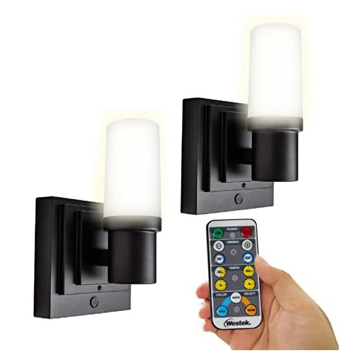 Westek Battery Operated Wall Sconce with Remote, 2 Pack – Plastic Wireless Battery Wall Light, Easy No Wire Install – 160 Lumens, 4 Hour Auto Shut-Off Battery Wall Sconce – Matte Black Finish