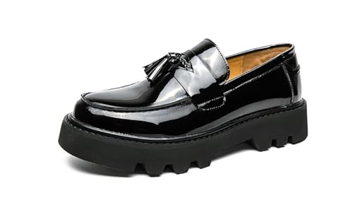 Mens Leather Slip-On Chunky Tassel Loafer Shoes Fashion Comfortable Round Toe Low Top Outdoor Walking Lug Sole Non-Slip Penny Loafers Business Dress Shoes for Men