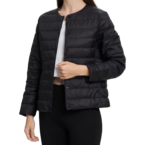 Comfitude Women's Quilted Lightwight Puffer Jacket, Collarless Down Jacket Coats with Pockets, Portable Coat with Storage Bag (US, Alpha, Large, Regular, Regular, Black)