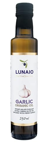 Lunaio Organic Garlic Oil 250ml - Fresh Garlic Infused With Extra Virgin Olive Oil - Produced in Puglia, Italy - GMO Free, Vegan, Vegetarian And Gluten Free