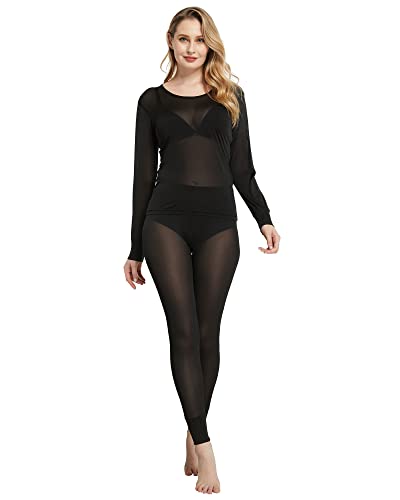 Viamulion Women's 100% Silk Thermal Underwear Top, Long Sleeve Base Layer Black