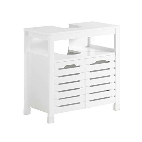 SoBuy Meuble sous-Lavabo, Meuble sur Pieds de Salle de Bain, Meuble sous-Vasque, Armoire Salle de Bain, Meuble de Rangement avec Étagères et Portes Persiennes, L60 x P30 x H60 cm, Blanc, BZR58-W