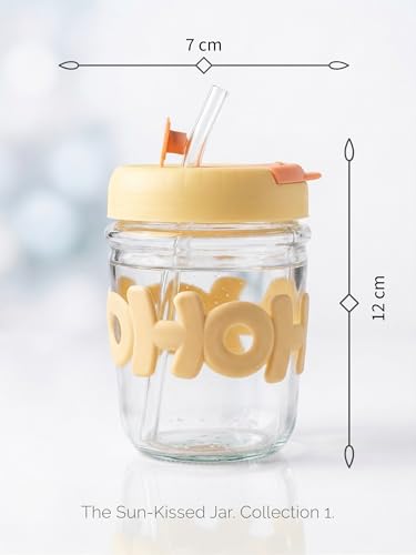 Image of Kavora Glass Water Tumbler with Straw and Lid Sealed Carry On Thick Wall Iced Coffee Cup Glass Sipper Cup for Water, Iced Tea Fruit Juice Set of 1, 400ml (Clear) (Yellow)
