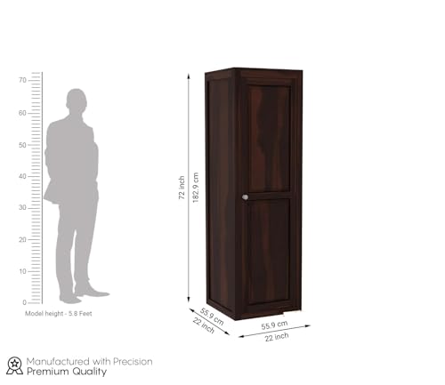 Image of Sheesham Wood Wooden Single Door Wardrobe Organizer for Clothes | - Solid Wood Almirah with 5 Shelves - Cupboard for Large Bedroom, Walnut Finish