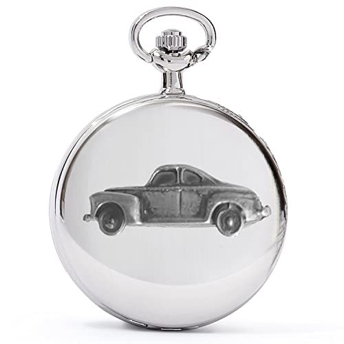 Montre à gousset à quartz en argent poli au motif relief de voiture - Réf. A10