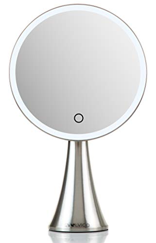 Evolvico 9 Inch Lighted Round Makeup Vanity Mirror, 5X/10X Dual Magnification With Ultra Bright Led Lights System, Rechargeable, Cordless, Touch Control Adjustable Brightness, Brushed Stainless Steel #TOP4
