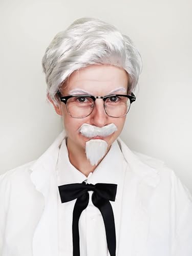 ALLAURA Compatible with Colonel Sanders Wig – Old Man Costume Set with White Wig, Beard, Mustache, Glasses &amp; Tie – Realistic Hair for Adults, Funny Fast Food Icon Look, Halloween Cosplay, Party Outfit