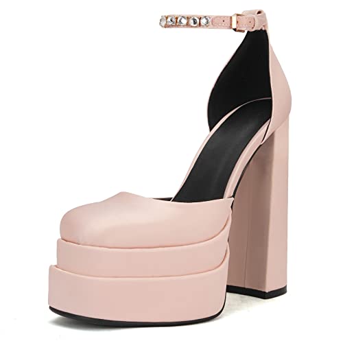 Image of THESHY Womens Platform Chunky High Block Heels Ankle Strap Buckles Wedge Dress Pumps Fashion Shoes for Women