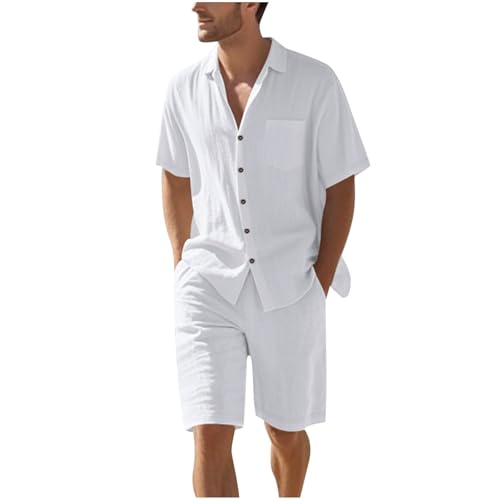 Cambkatl Men's Cotton Linen 2 Piece Outfits Loose Button Down Short Sleeve Shirts and Shorts Summer Travel Tracksuit Sets - Main Image