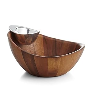Nambe – Serveware Collection – Harmony Chip and Dip Bowl – Measures at 12″ x 6.5″ – Made with Acacia Wood and Nambe Alloy – Designed by Wei Young