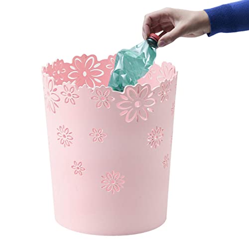 SMELEYOU Round Pink Waste Bin - Plastic Hollow Trash Can With Flower Lace Design for Bedroom and Office