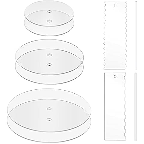 Ailaxq Acrylic Round Cake Discs Set 6.25”, 8.25”, 10.25” 2 Circles Each Size, Comb Icing Scraper, Edge Smoother Cream Scraper Cover