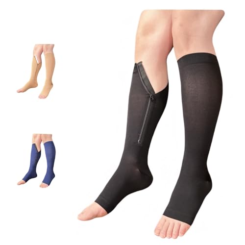 Image of 8-15 mmHg Compression Grade 0 Calf Inside Leg Zipper Open Toe Socks (Black, Small-Medium)