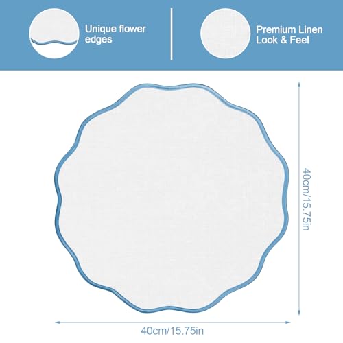 Set of 6 Scallop Linen Placemats, 15 Inch Blue and White Round Placemats Cotton Linen Table Mats Handcrafted Machine Washable Wrinkle Free Dining Placemat for Hotel Restaurant Kitchen by ElasignShopo - Used condition - Image 2