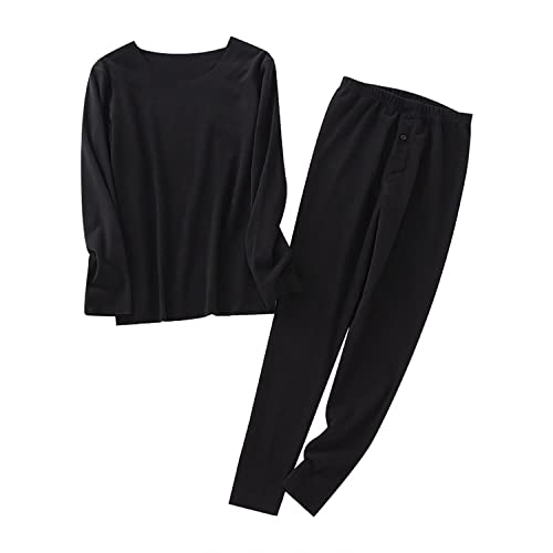 Newanna Schlafanzug Herren Lang Baumwolle Herbst Winter Zweiteiliger Lange Pyjama Set Casual Warm Atmungsaktiv Nachtwäsche Rundhals Oberteil und Schlafanzughose Loungewear Hausanzug, Schwarz, 4XL Cover