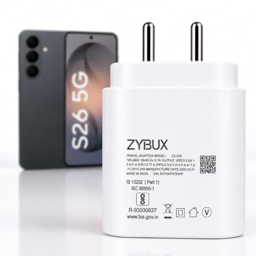 Image of Zybux 25W Type C Super Fast Charger Adapter Compatible with Samsung Galaxy S26 | S26 Ultra| S26 Plus, 25watt USB-C Superfast Wall Charging Travel Adaptor for Mobile Phone, C-Type, White