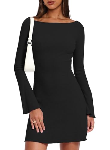Robe moulante col bateau mini en maille côtelée manches évasées femme