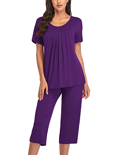 COLORFULLEAF Womens Pajama Sets Summer Pjs Lounge Sets for Women Soft Sleepwear Top and Capri Pants with Pockets