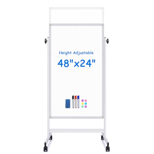 maxtek Rolling White Board, 48 x 24 Height Adjustable Whiteboard on Wheels, Large Magnetic Standing Mobile Easel Board, Double-Sided with Stand for Office, Home, and Classroom