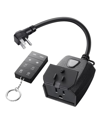 DEWENWILS Outdoor Dimmer for String Lights, 100FT Remote Range, IP44 Waterproof Plug-in Dimmer for Garden, Patio, Porch, 4 Level Brightness Button, Max 150W Dimmable LED/300W Tungsten Bulbs