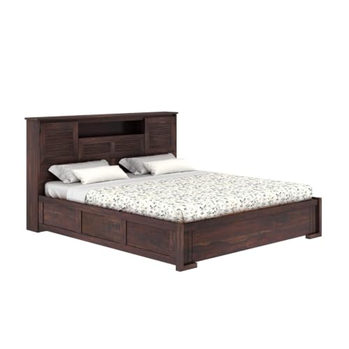 Image of Ganpati Arts Maharaja Groove Solid Sheesham Wood King Size Bed with Box & Headboard Storage | Wooden Double Bed Cot Palang for Bedroom, Living Room & Home | Walnut Finish