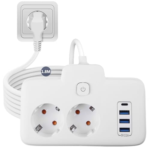 Regleta de 2 enchufes, distribuidor con cable de extensión de 2 m, 3 puertos USB y 1 tipo C, ideal para oficina, hogar y viajes, práctica extensión de enchufe con enchufe múltiple
