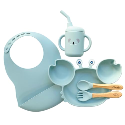 Coffret dîner personnalisé pour enfant: pack repas bleu ciel avec bavoir, verre à paille | idéal pour bébé et baptême | cadeau original de naissance