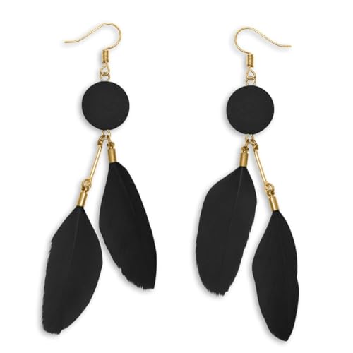 Soul-Cats 1 Paar pastell farbene Feder Ohrringe für Damen im Boho Style, Farbe: schwarz