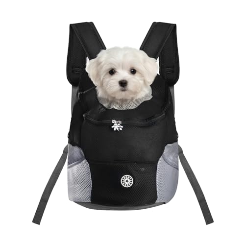Pomodee Mochila para Perros y Gatos (hasta 6.5 kg), Mochila Transportadora Transpirable con Diseño Head out y Clip de Seguridad, Ajustable para Actividades Outdoor Senderismo Viajes, Negro