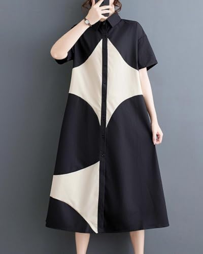 ellazhu Women's Short Sleeves Color Block Midi Length Button Down Shirt Dress GZ191 A4