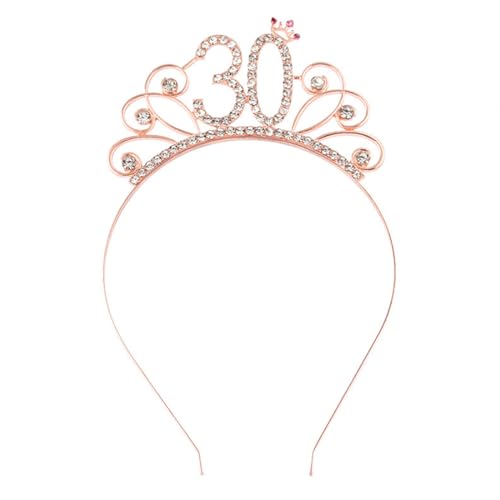 JAMAKALA 30th Birthday Hairbands Rose Gold Birthday Headbands Crowns Digital Metal Headdress Hair Bands Tiara Rhinestone Hair Accessories Hair Bands