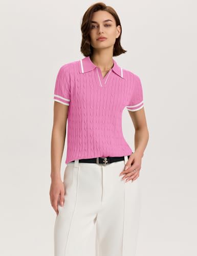 Image of Micoson Womens Short Sleeve Sweater Tops Lapel V Neck Polo Shirts 2026 Summer Cable Knit Loose Blouse Business Casual Outfits