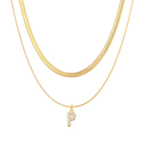 FINERUS Initial Necklace, Dainty 14K Gold Plated Layered Necklace For Women Trendy, Herringbone Necklace Snake Chain Necklace Rhinestones A-Z Pendant Letter Necklace Choker Jewelry Gift