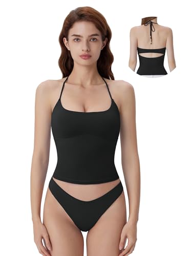 SUUKSESS Halter Tank Tops with Built in Bras Double Lined Backless Y2K Top