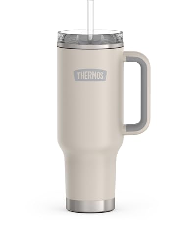 Image of THERMOS Stainless Steel Cup Holder Mug - 40 Ounce, Sandstone - Insulated Tumbler with Lid and Straw, Plus Leak-Resistant Slide Lock