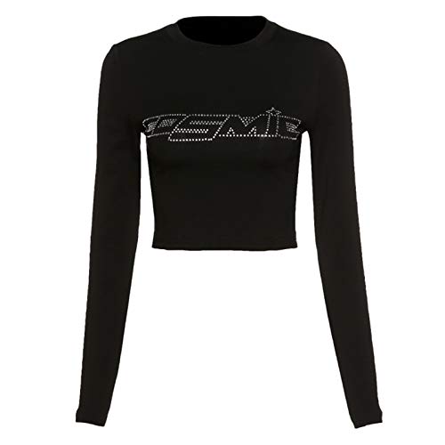 Tancyechy Femmes à Manches Longues col Rond t-Shirt Strass Lettres cosmiques Graphique Mince Haut Court Chemise Noir Cover