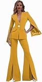 Fashion Womens Suit Petite 2 Piece Set Blazer Bell Bottoms Regular Fit Peak Lapel Tuxedo Gold Sleeve Placket Coat Pants Size Medium
