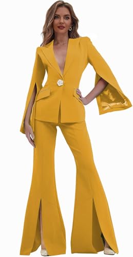 Fashion Womens Suit Petite 2 Piece Set Blazer Bell Bottoms Regular Fit Peak Lapel Tuxedo Gold Sleeve Placket Coat Pants Size Medium