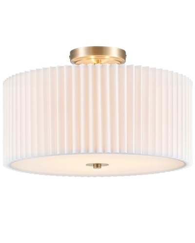 Image of VONLUCE Semi-Flush Mount Ceiling Light 15.7 inch, 3-Light Drum Light Fixture | White Pleated Shade with E26 Sockets, Light Fixture for Nursery, Bedroom, Entryway, Hallway, Bronze Finish, ETL Certified