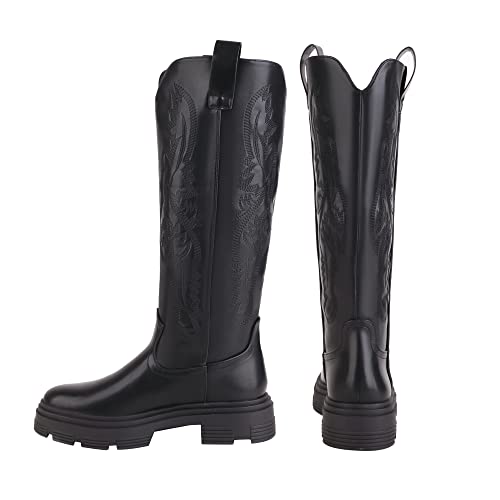 Sun Gurg Women's Platform Knee High Boots Embroidered Western Chunky Heel With Pull-Up Tabs Round Toe Boot Shoes Us 11 #TOP5