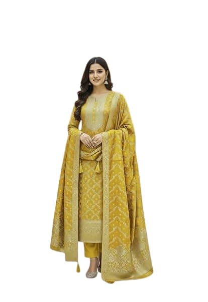 Yellow colour women salwar kameez dupatta Banarasi silk Jacquard design Dress Material with Dupatta Traditional Indian Ethnic Wear Salwar Suit Fabric Motif work on front yoke.-image-38