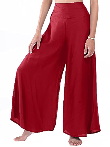 Lofbaz Femme Jambe Large Palazzo Pantalon Yoga Hippie Sarouel Fluide Pantalon - Rouge - L