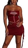 kaimimei Two Piece Sets for Women Sexy Backless Leather Lace Up Crop Top Wrap Mini Skirt Set Night Club Outfit Large Burgundy