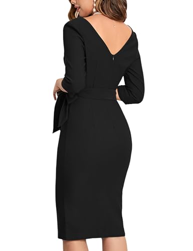 MUXXN Women's Vintage Faux Wrap V Neck 3/4 Sleeve Formal Classic Party Work Dress with Belt - Image 3
