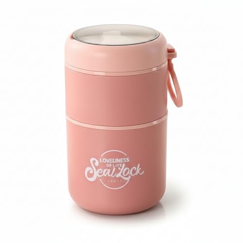 Image of Insulated Lunch Container Hot Food Jar - Leakproof 2-Tier Stackable Bento Box with Foldable Spoon - 780ml Pink Stainless Steel Thermal Food Flask
