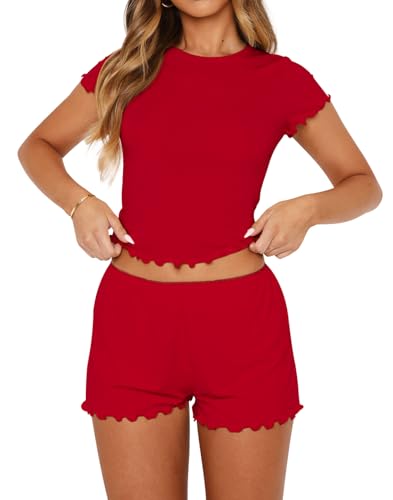 Image of Dressmine Women Sexy PJ Sets Cute Pajamas Set 2 Piece Sleepwaer Outfits | Woman Cute Pajamas Set 2 Piece Sets Casual Y2k Crewneck Tops Sleepwear 2026 Fall Sexy PJ Shorts Sets Vacation Clothes