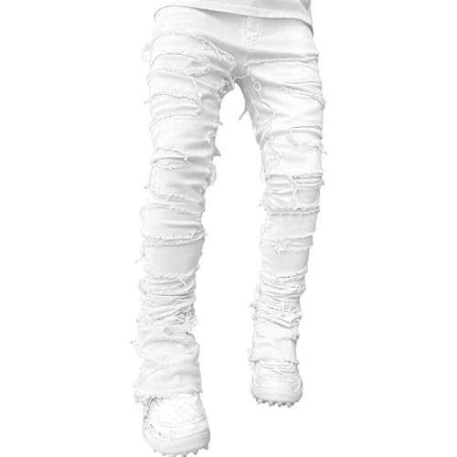 Maiyifu-GJ Men's Patchwork Fashion Jeans Streetwear Stretch Denim Pants Tassels Casual Skinny Trousers (White,X-Large)