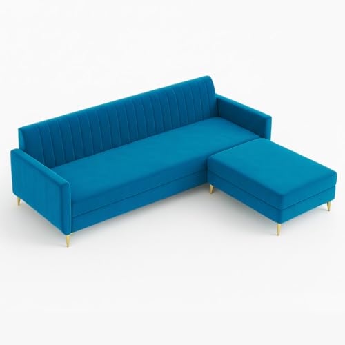 Image of SOCOZI Morello 4 Seater L Shape Sofa Set with Movable Ottoman | Flexible Left or Right Layout | Soft Velvet Suede Fabric | Modern Design | Plush Comfort Cushions for Living Room (Aqua Blue)
